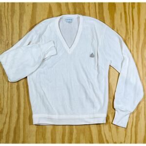 VTG 90s White Knit V Neck Sweater Mens M Gold Logo Made in USA Acrylic Preppy